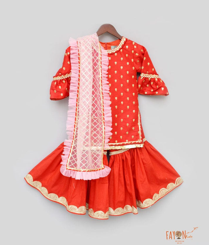 Fayon Kids Red Embroidery Red Georgette Sharara with Kurti Frill Dupatta for Girls