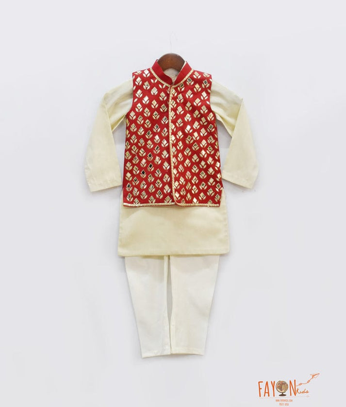 Fayon Kids Red Golden Embroidery Jacket with Golden Kurta Chudidar for Boys