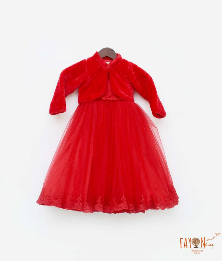 Fayon Kids Red Net Gown with Shrug for Girls