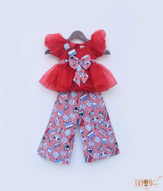 Fayon Kids Red Organza Top and Printed Plazo Pant for Girls