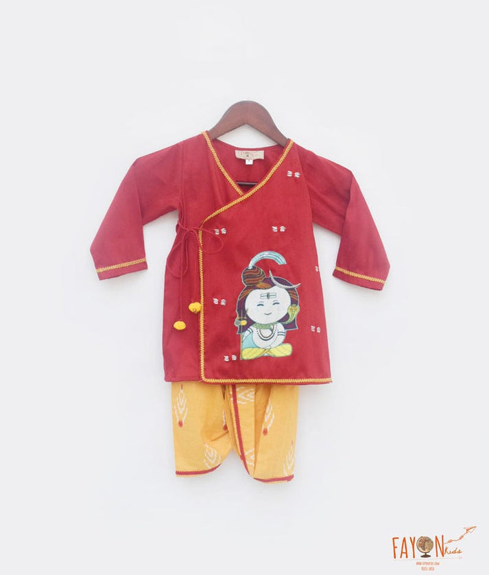 Fayon Kids Red Silk Kurta with Yellow Printed Dhoti for Boys