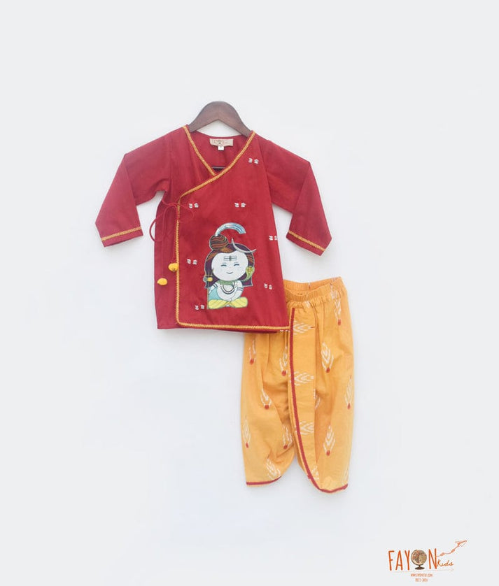 Fayon Kids Red Silk Kurta with Yellow Printed Dhoti for Boys