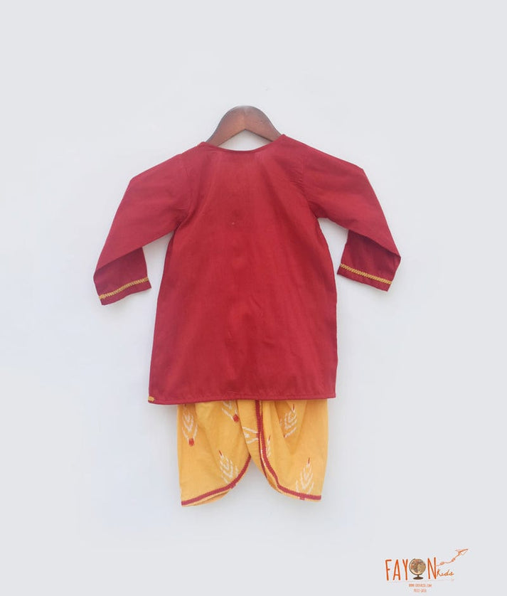 Fayon Kids Red Silk Kurta with Yellow Printed Dhoti for Boys