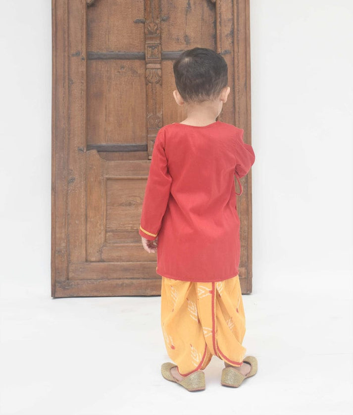 Fayon Kids Red Silk Kurta with Yellow Printed Dhoti for Boys