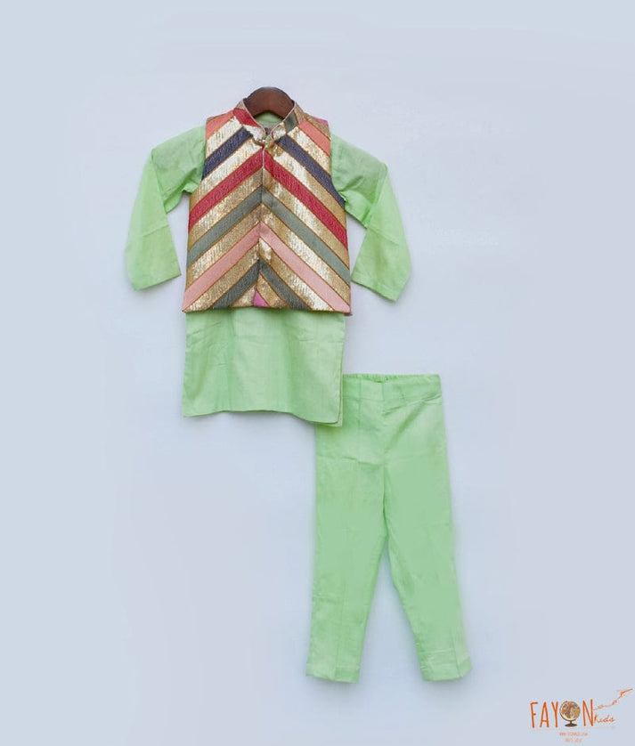 Fayon Kids Sequins Embroidery Nehru Jacket Green Kurta Pant for Boys