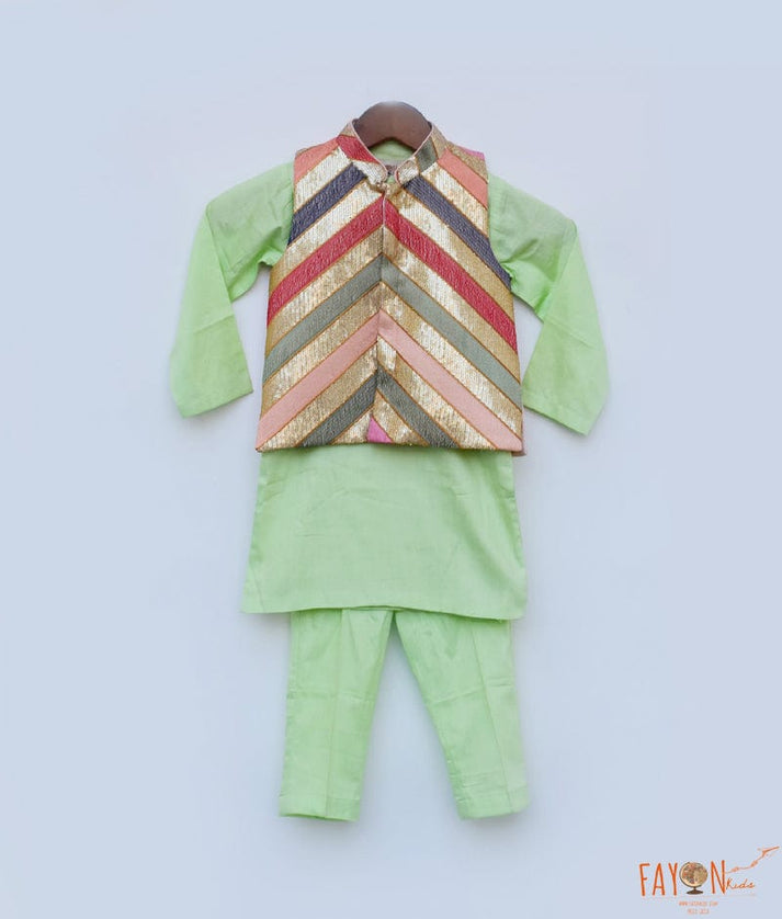 Fayon Kids Sequins Embroidery Nehru Jacket Green Kurta Pant for Boys