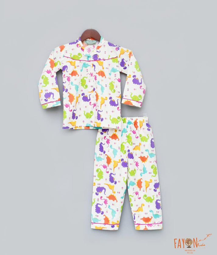 Fayon Kids White Dino Printed Shirt with Pajama for Girls