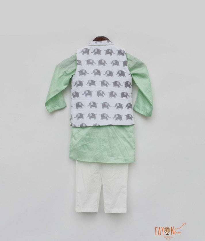 Fayon Kids White Elephant Printed Jacket with Green Kurta Pant for Boys