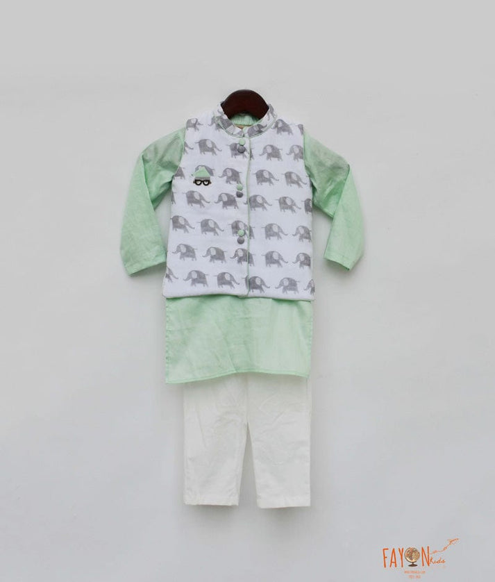 Fayon Kids White Elephant Printed Jacket with Green Kurta Pant for Boys