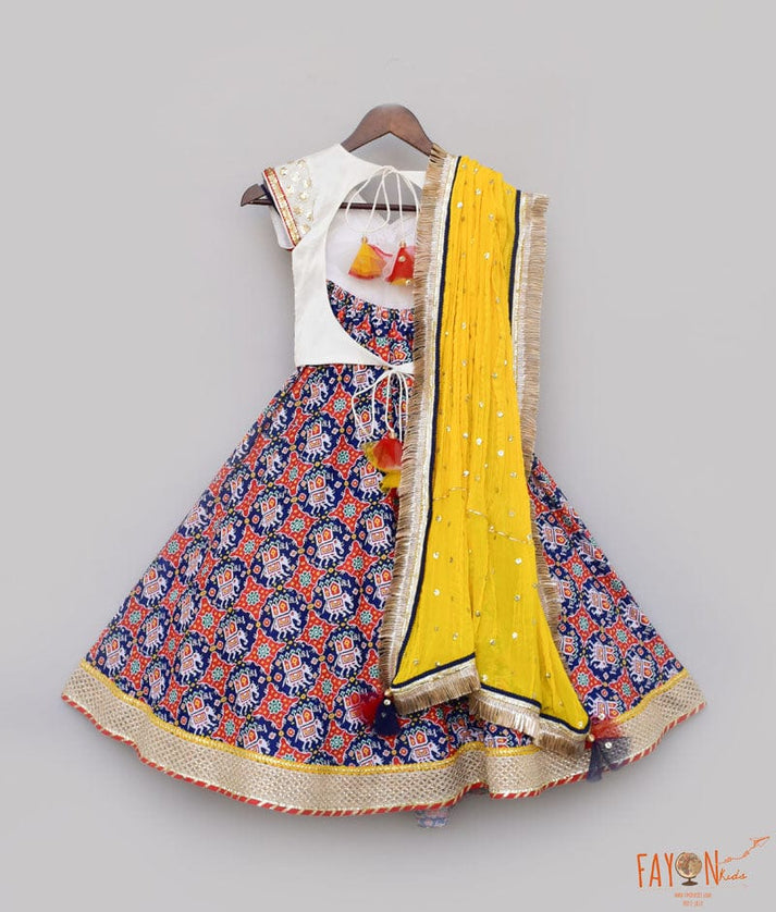 Fayon Kids White Embroidery Blue Printed Lehenga with Choli Yellow Georgette Dupatta for Girls