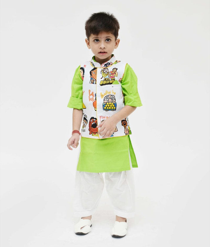 Fayon Kids White Funky Print Nehru Jacket with Green Kurta Salwar for Boys