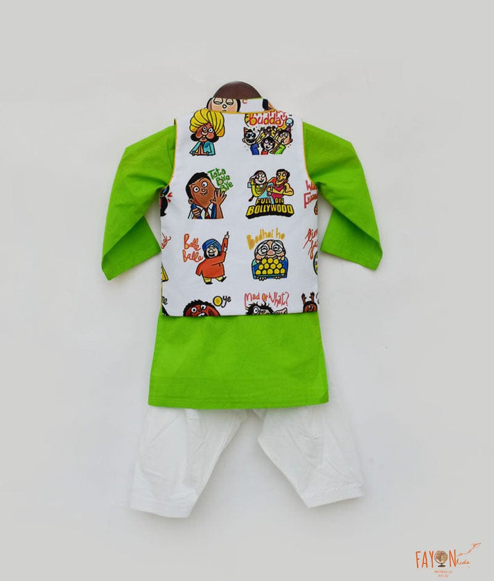 Fayon Kids White Funky Print Nehru Jacket with Green Kurta Salwar for Boys