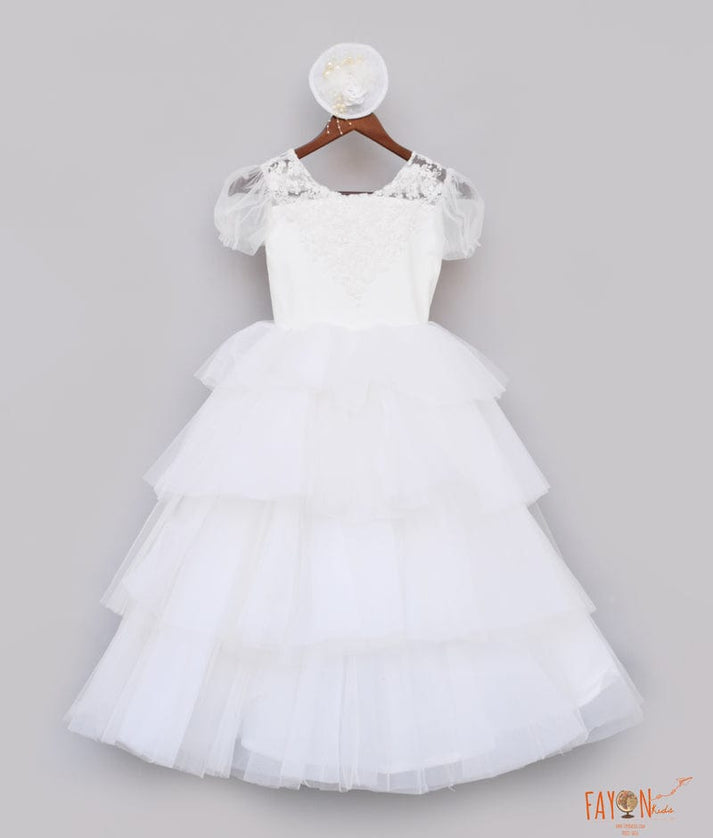 Fayon Kids White Net Frill Gown for Girls