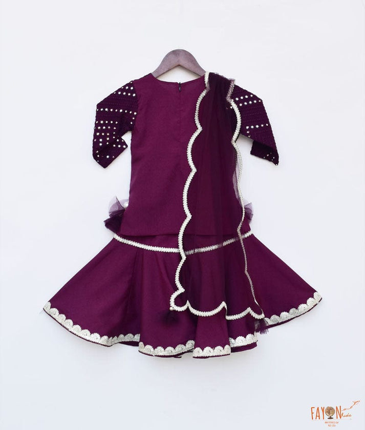 Fayon Kids Wine Mirror and Thread Sharara with Kurti Net Dupatta for Girls