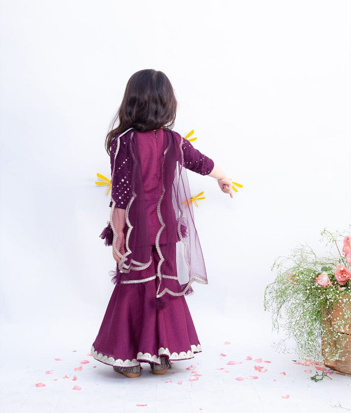 Fayon Kids Wine Mirror and Thread Sharara with Kurti Net Dupatta for Girls