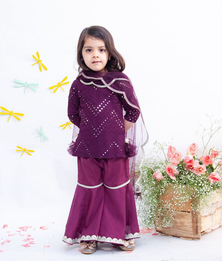 Fayon Kids Wine Mirror and Thread Sharara with Kurti Net Dupatta for Girls