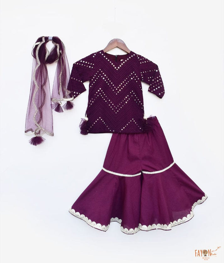 Fayon Kids Wine Mirror and Thread Sharara with Kurti Net Dupatta for Girls