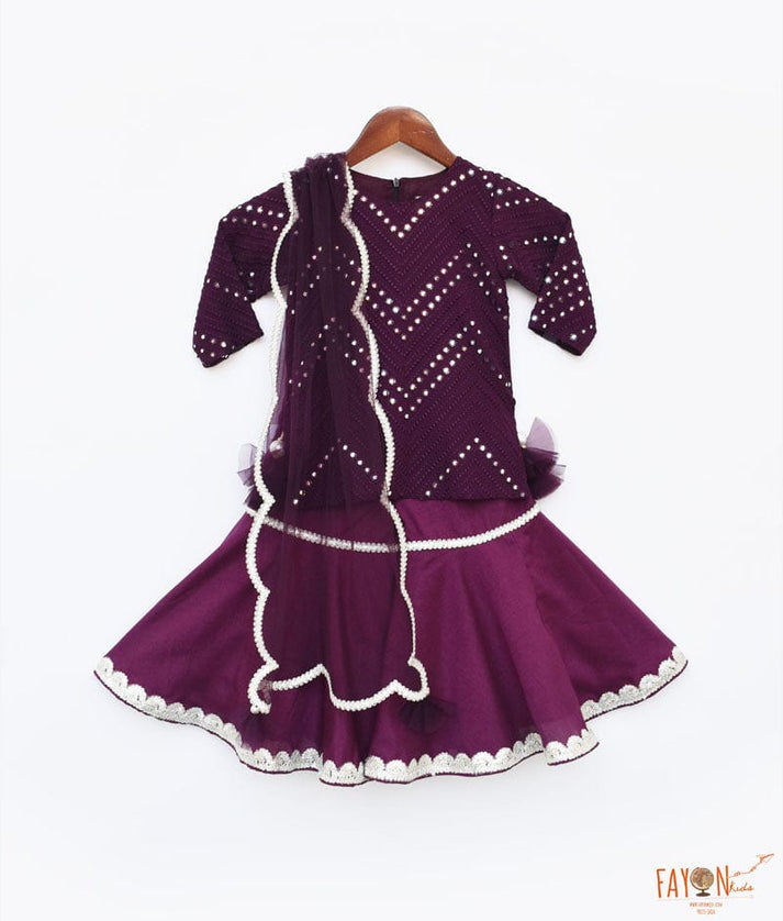 Fayon Kids Wine Mirror and Thread Sharara with Kurti Net Dupatta for Girls