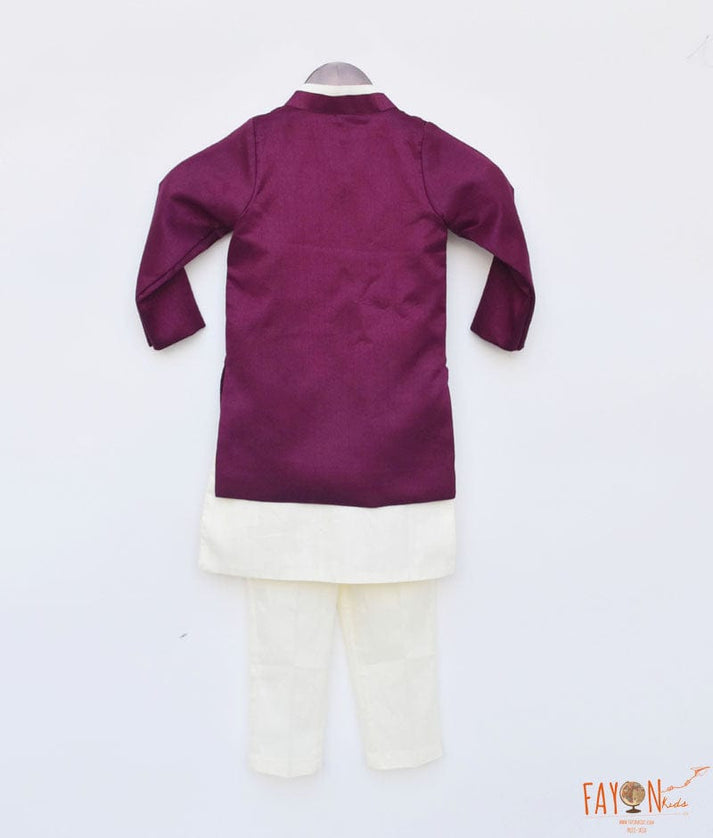 Wine Burgundy Silk Jacket and Off white Kurta Pant for Boys