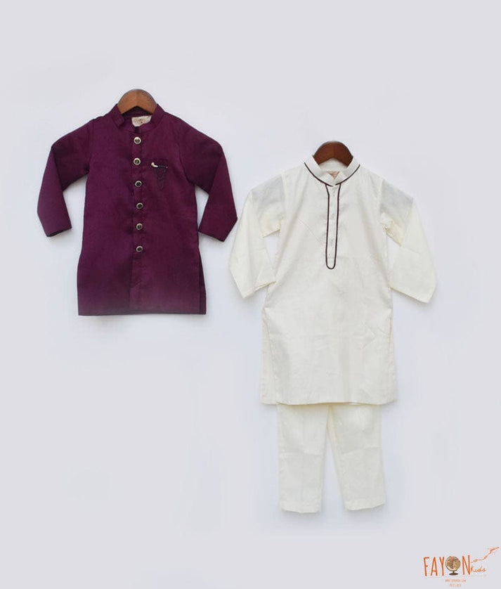 Wine Burgundy Silk Jacket and Off white Kurta Pant for Boys