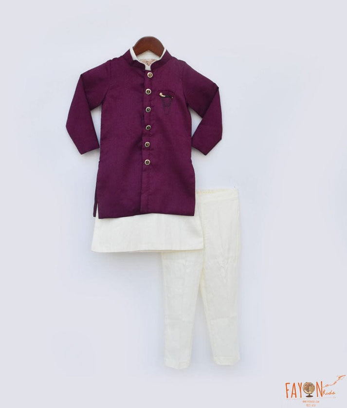 Wine Burgundy Silk Jacket and Off white Kurta Pant for Boys