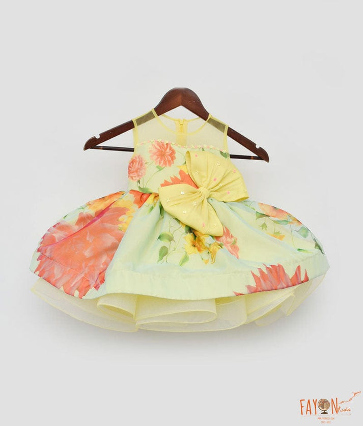 Fayon Kids Yellow and Blue Organza Print Dress for Girls