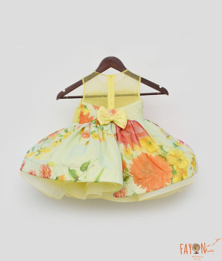 Fayon Kids Yellow and Blue Organza Print Dress for Girls