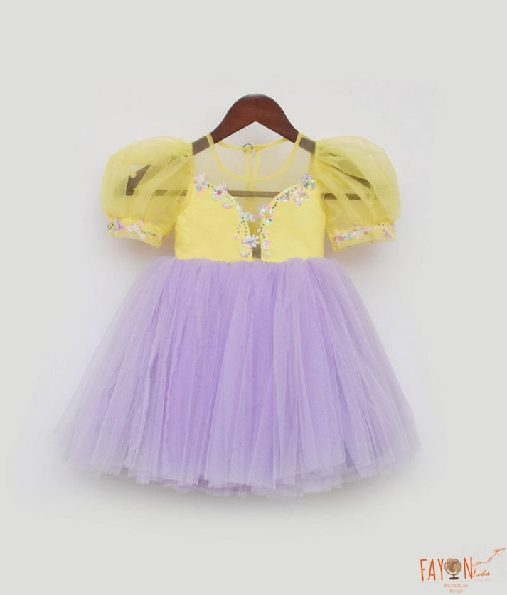 Fayon Kids Yellow and Lilac Net Frock for Girls