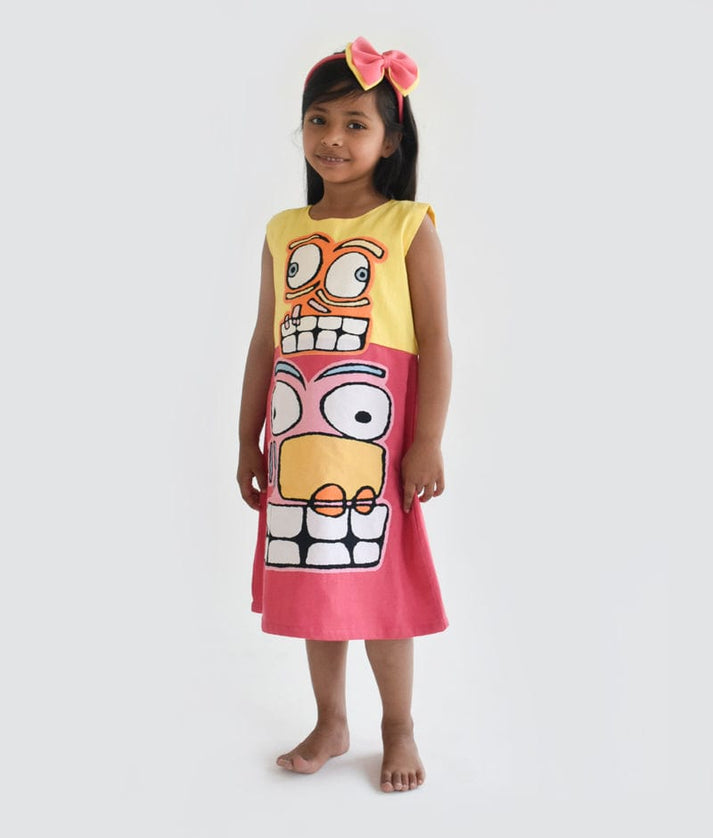 Fayon Kids Yellow and Pink Linen Dress for Girls