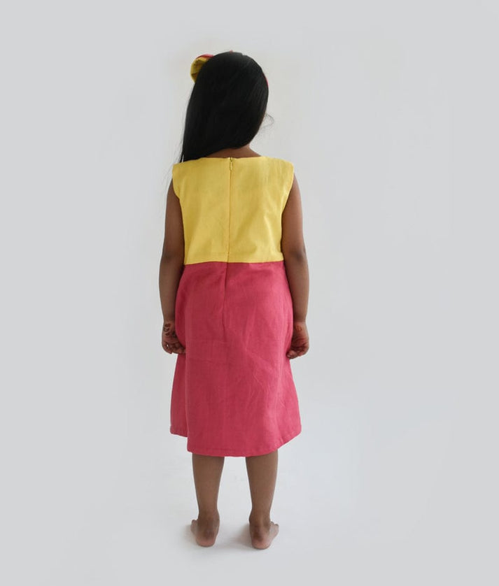 Fayon Kids Yellow and Pink Linen Dress for Girls