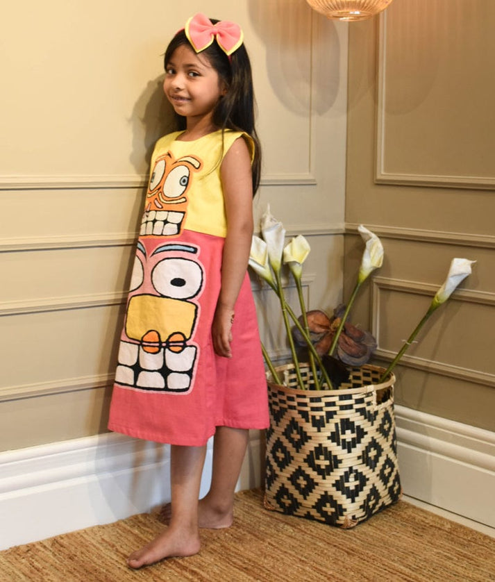 Fayon Kids Yellow and Pink Linen Dress for Girls