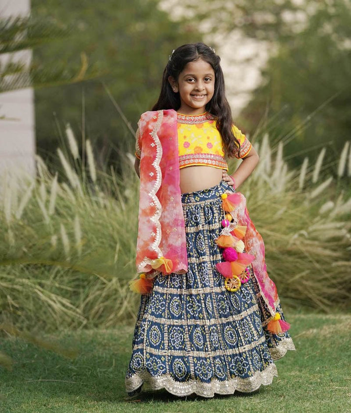 Yellow Brocade Choli Lehenga and Pink Organza Dupatta for Girls