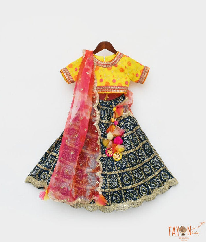 Yellow Brocade Choli Lehenga and Pink Organza Dupatta for Girls