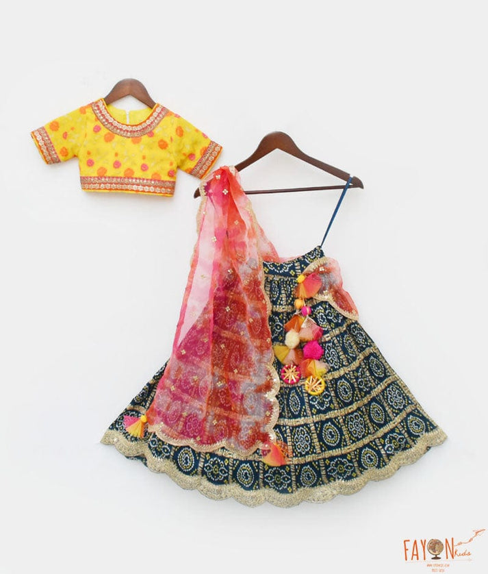 Yellow Brocade Choli Lehenga and Pink Organza Dupatta for Girls