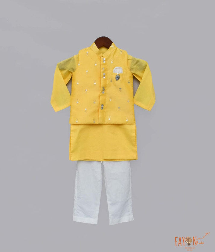 Fayon Kids Yellow Chanderi Nehru Jacket with Kurta Pant for Boys