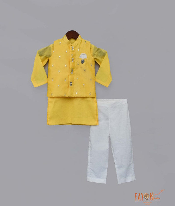 Fayon Kids Yellow Chanderi Nehru Jacket with Kurta Pant for Boys