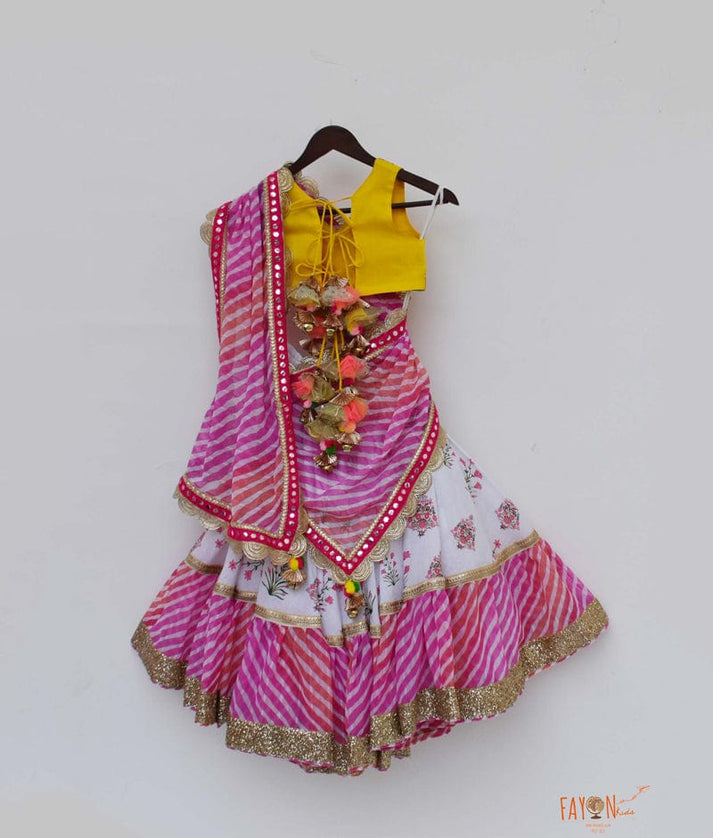 Fayon Kids Yellow Dupion Silk White Printed Lehenga with Choli Leheriya Dupatta for Girls