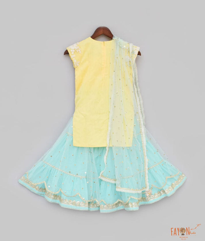 Fayon Kids Yellow Embroidery Acqua Boti Net Sharara with Kurti Boti Net Dupatta for Girls