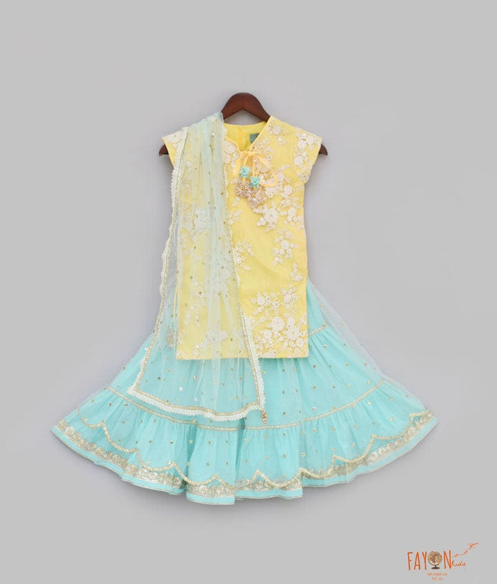 Fayon Kids Yellow Embroidery Acqua Boti Net Sharara with Kurti Boti Net Dupatta for Girls