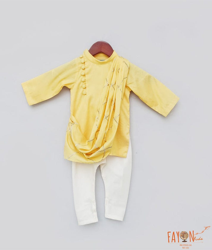 Fayon Kids Yellow Embroidery Cowl Kurta with Off White Chudidar for Boys