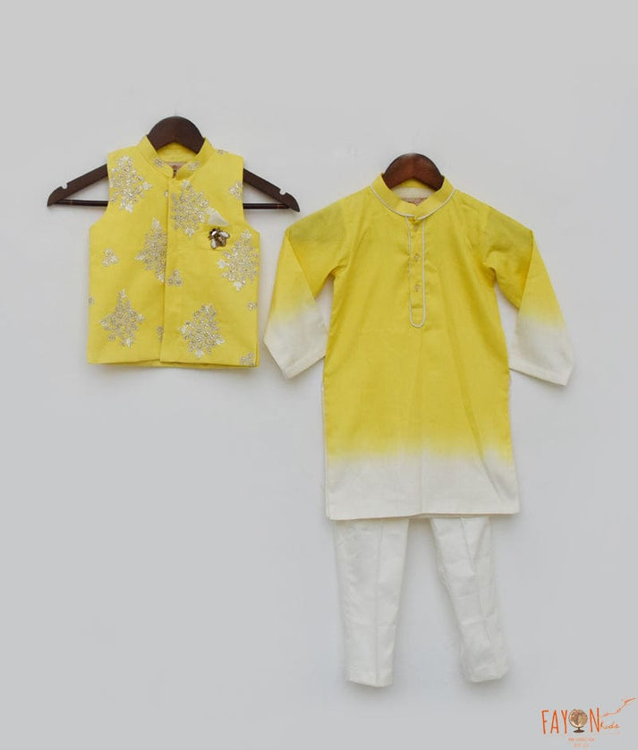 Fayon Kids Yellow Embroidery Jacket and Shaded Kurta and Pant for Boys