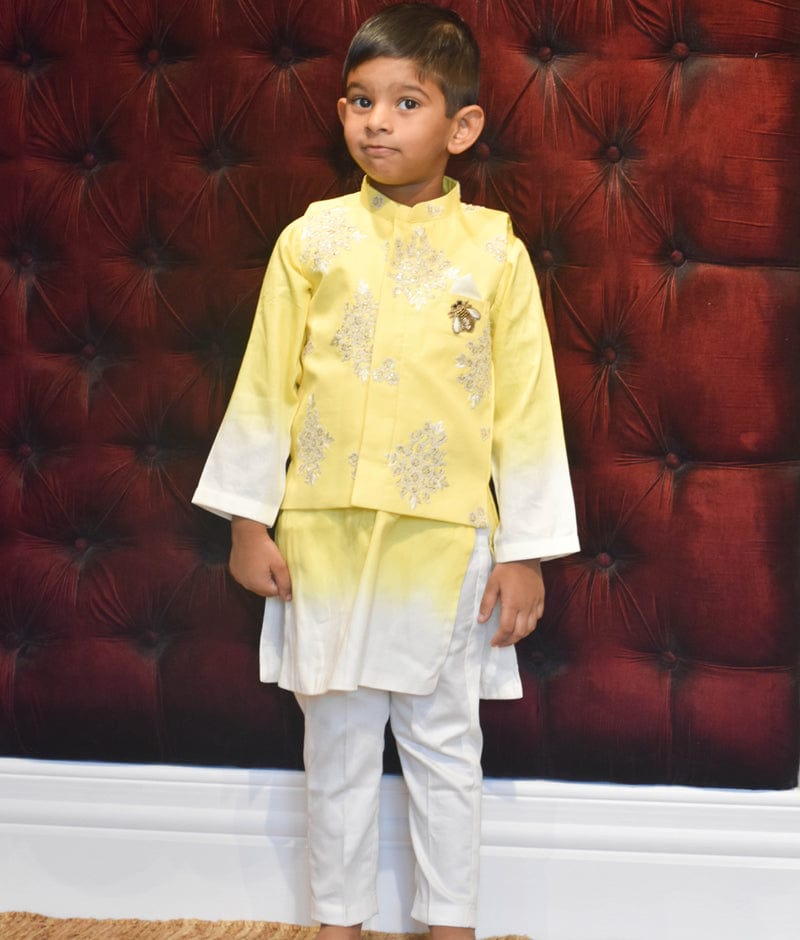 Party Wear Yellow color Banarasi Silk fabric Kurta Pyjama with Jacket :  1881487
