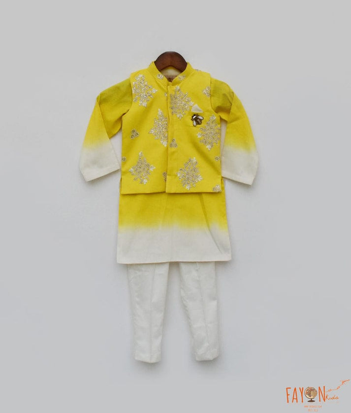 Fayon Kids Yellow Embroidery Jacket and Shaded Kurta and Pant for Boys