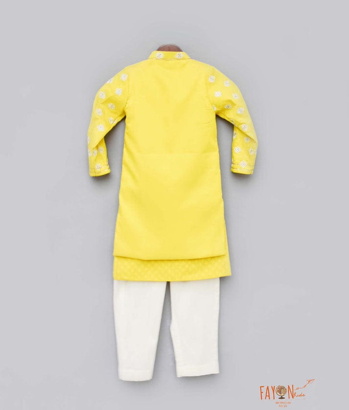 Fayon Kids Yellow Embroidery Jacket with Kurta Pant for Boys