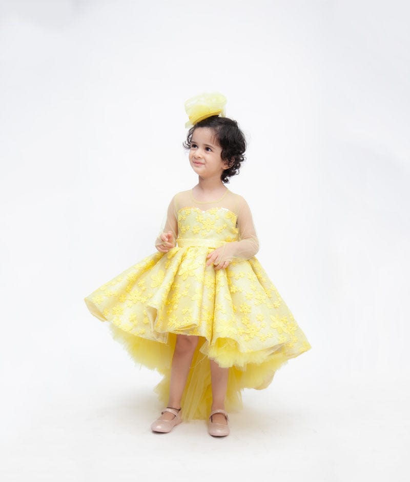 Yellow Flowers Embroidery High Low Dress for Girls FayonKids