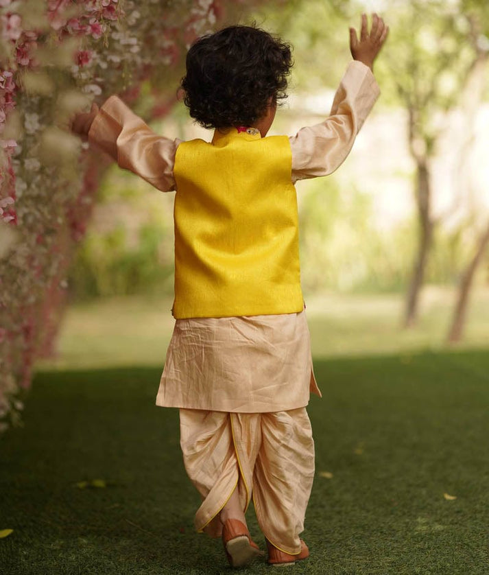 Yellow Gotta Embroidery Jacket with Kurta and Dhoti for Boys