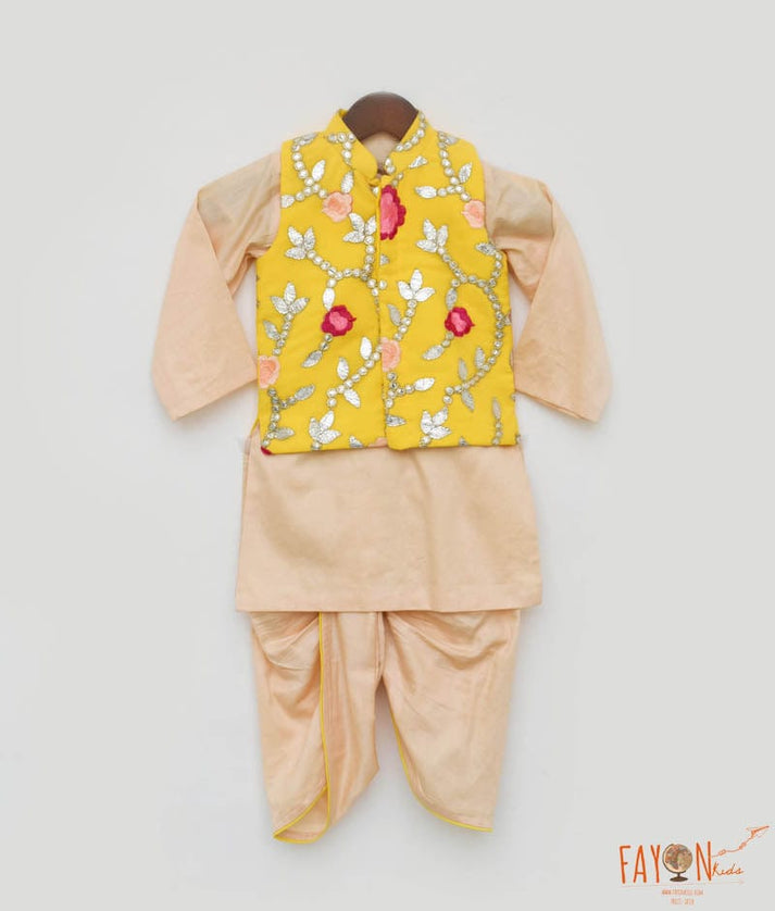 Yellow Gotta Embroidery Jacket with Kurta and Dhoti for Boys