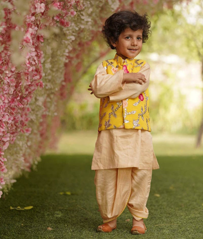 Yellow Gotta Embroidery Jacket with Kurta and Dhoti for Boys