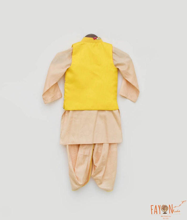 Yellow Gotta Embroidery Jacket with Kurta and Dhoti for Boys