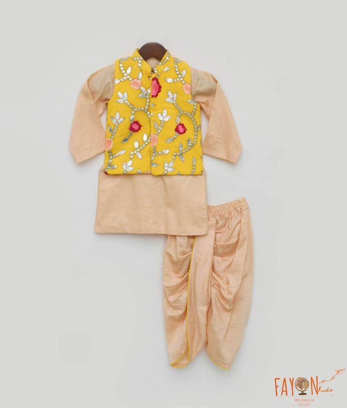 Yellow Gotta Embroidery Jacket with Kurta and Dhoti for Boys